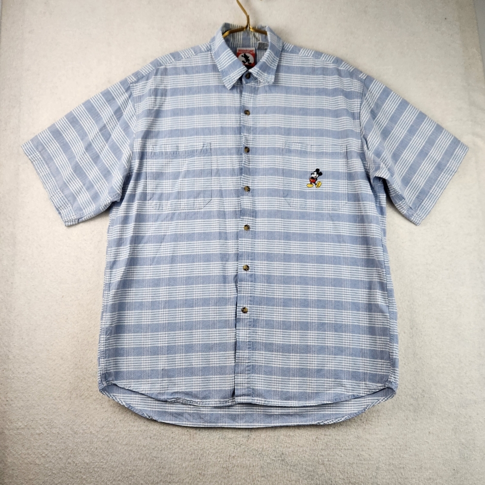 Mickey Inc VTG Mens Size Large 100% Cotton Blue Plaid Mickey Mouse Button Shirt
